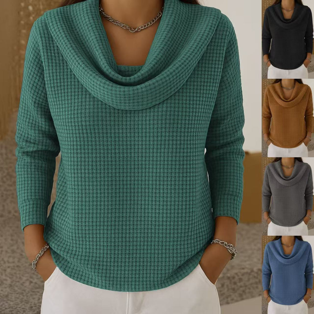 Women's Casual Loose Fashion Solid Color Waffle Long Sleeve Top