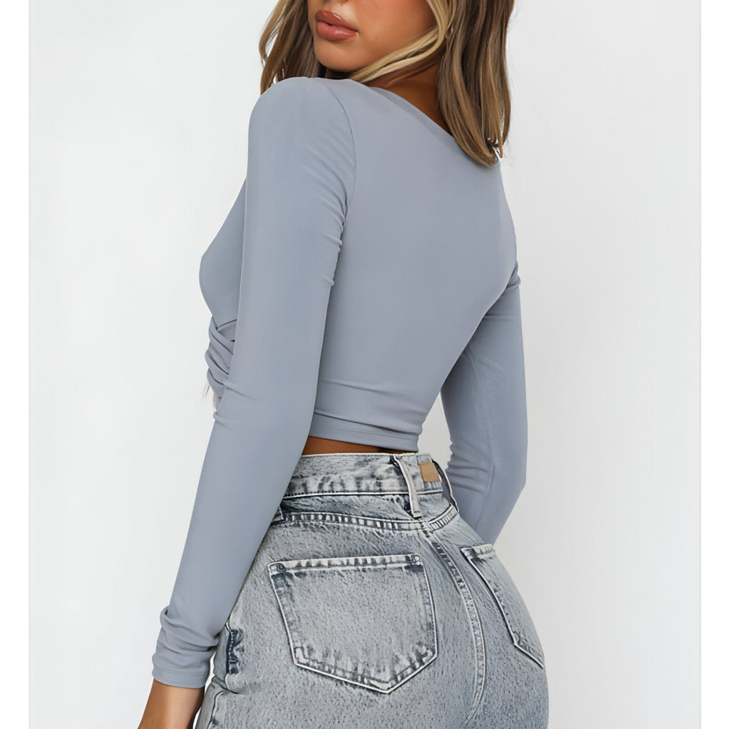 Women's Clothing Cross V-neck Stitching Slim-fit Long-sleeved