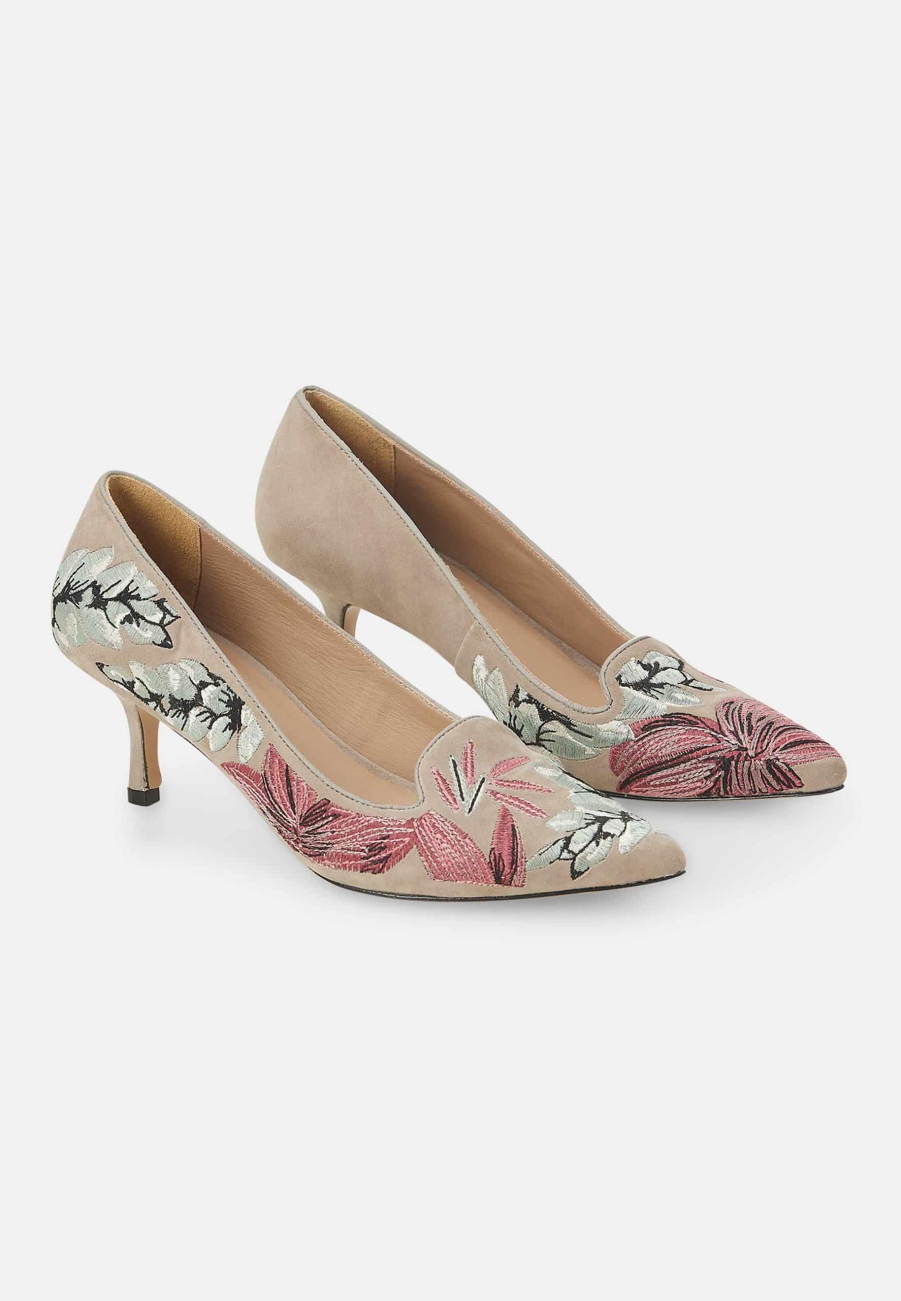 Grey Suede Embroidered Pumps – Kitten Heel Style