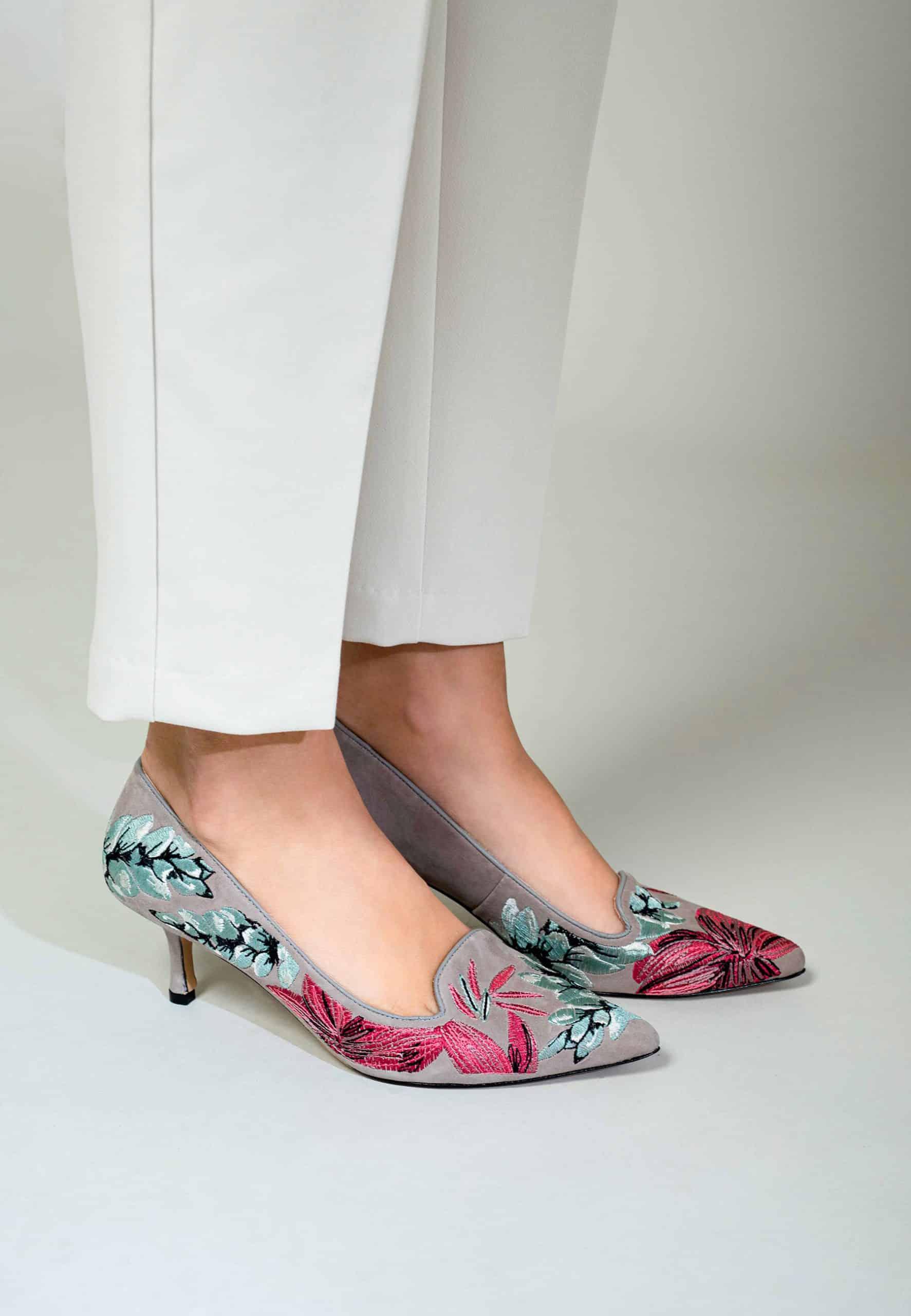 Grey Suede Embroidered Pumps – Kitten Heel Style