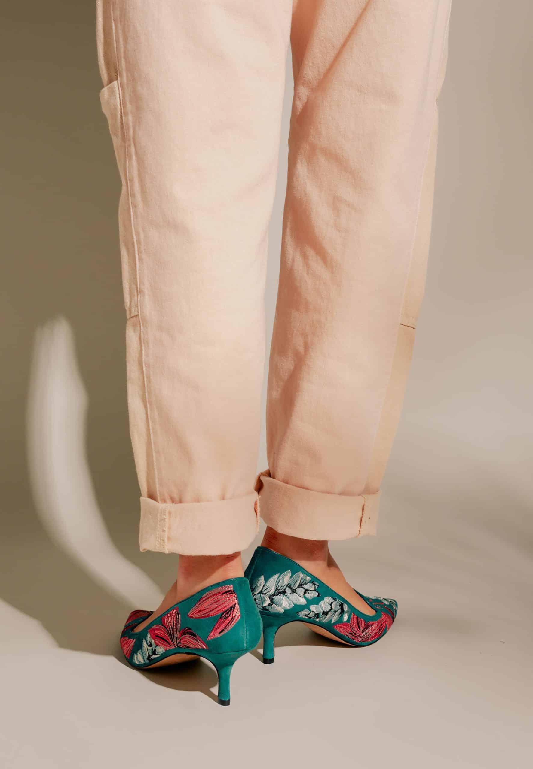 Grey Suede Embroidered Pumps – Kitten Heel Style