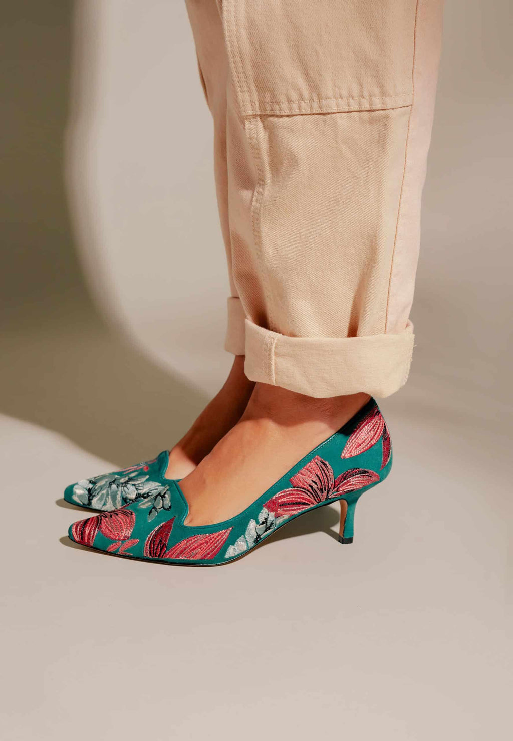 Grey Suede Embroidered Pumps – Kitten Heel Style