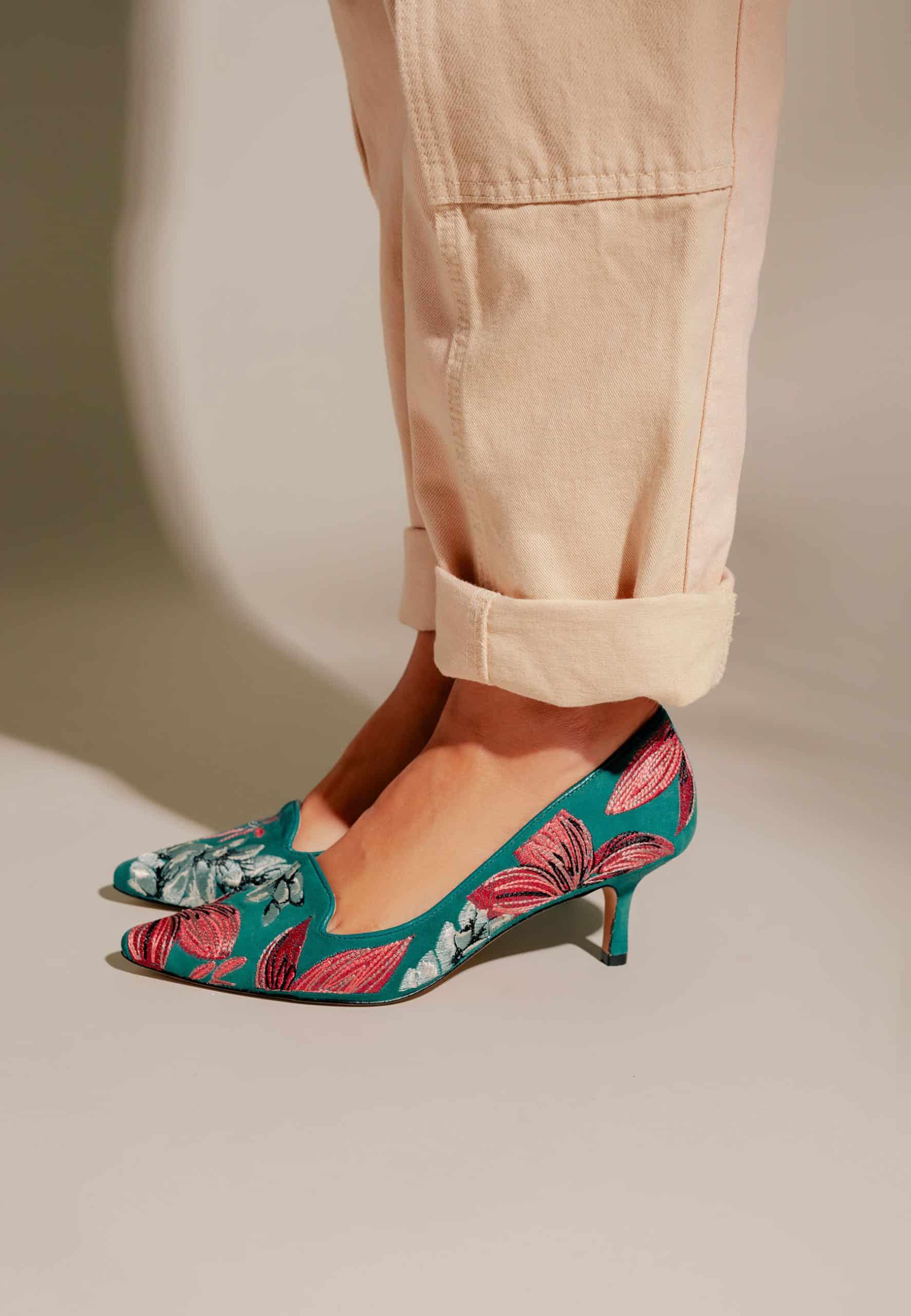 Grey Suede Embroidered Pumps – Kitten Heel Style